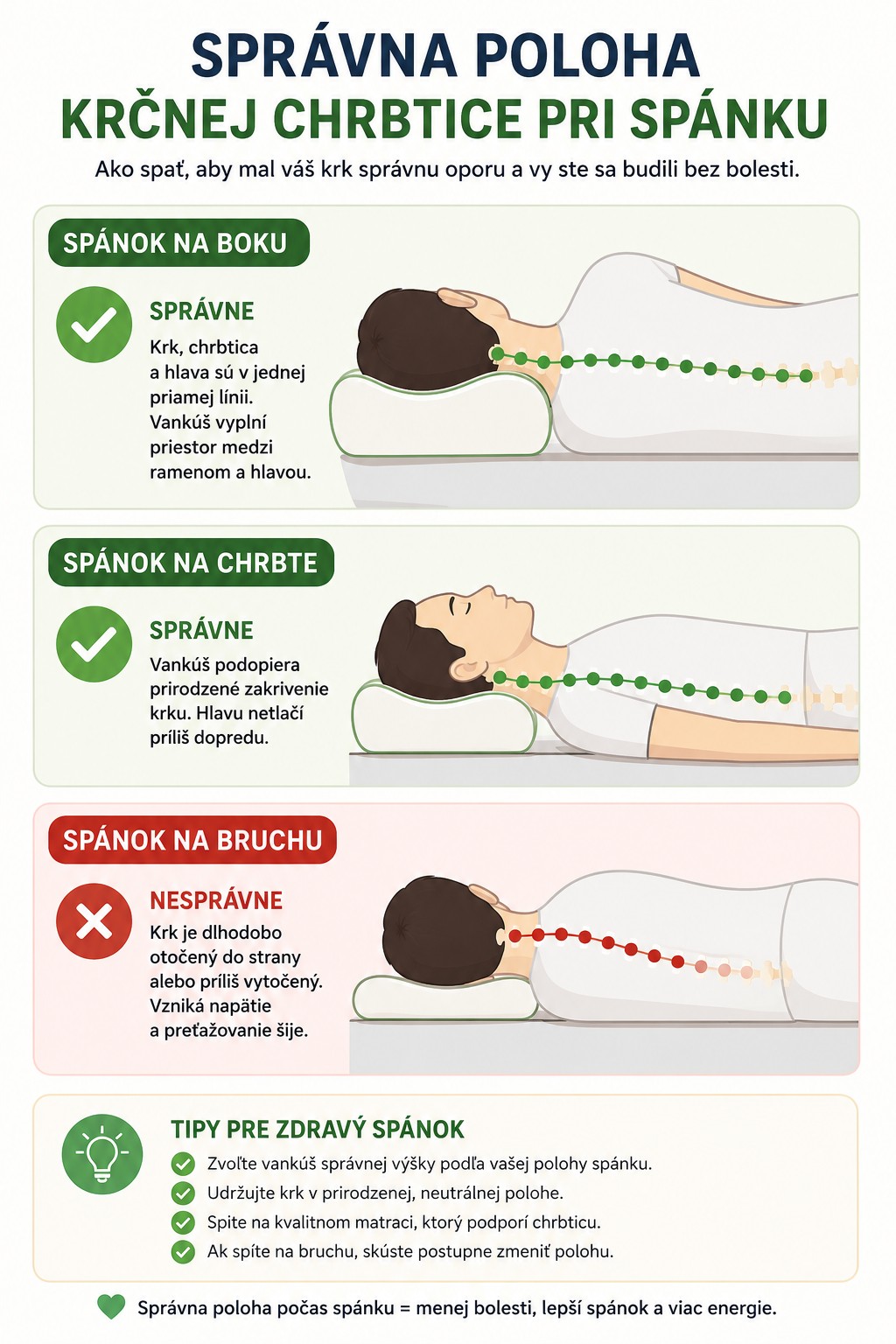Infografika znázorňujúca správnu polohu krčnej chrbtice pri spánku na boku, chrbte a bruchu